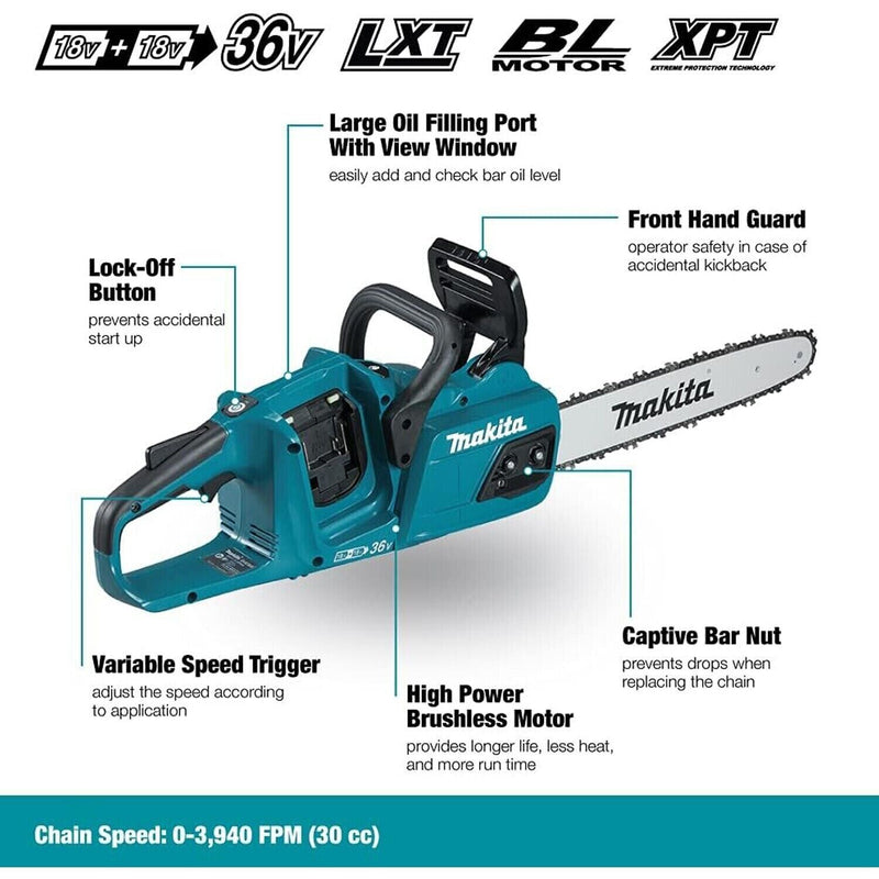 Makita DUC405Z Chainsaw 18v Twin battery 36V 16" 400mm Brushless body Gold