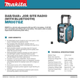 Makita Radio Bluetooth Dab 18V OR 40V Job Site MR007GZ Body Only Gold